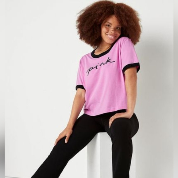 Victoria's Secret PINK Campus Crop Short Sleeve Ringer Tee - Picture 3 of 7